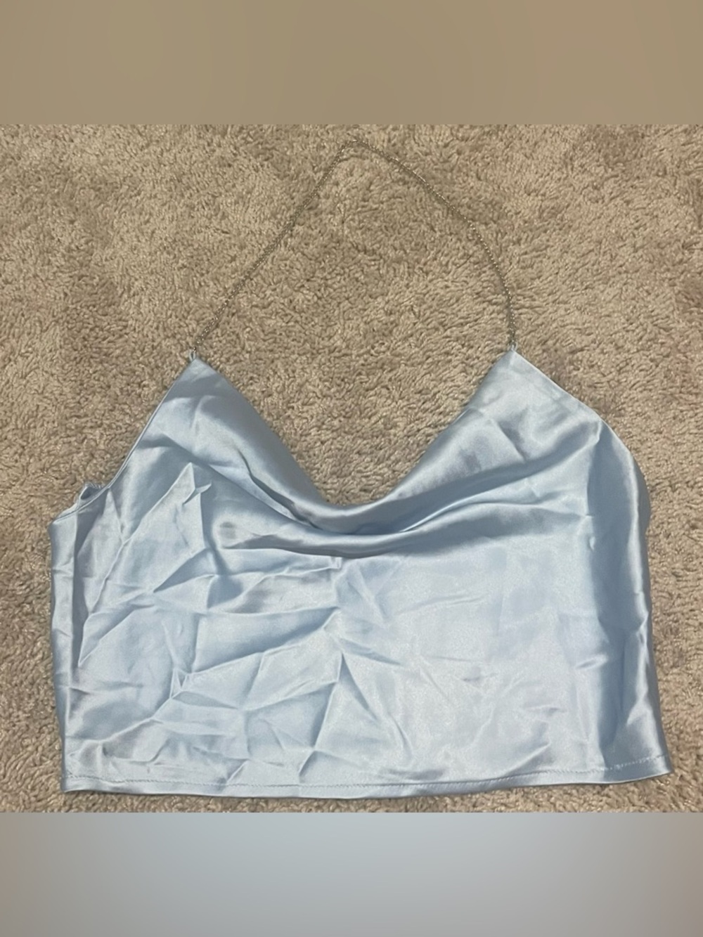 Light Blue Satin Cowl Neck Crop Top with A Chain Strap!